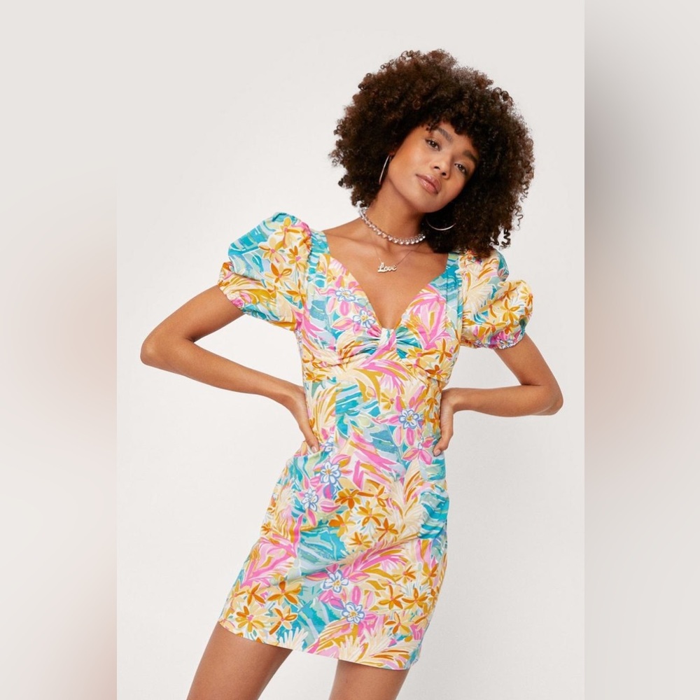 Nasty Gal Floral Knot Front Puff Sleeve Mini Dress size 8